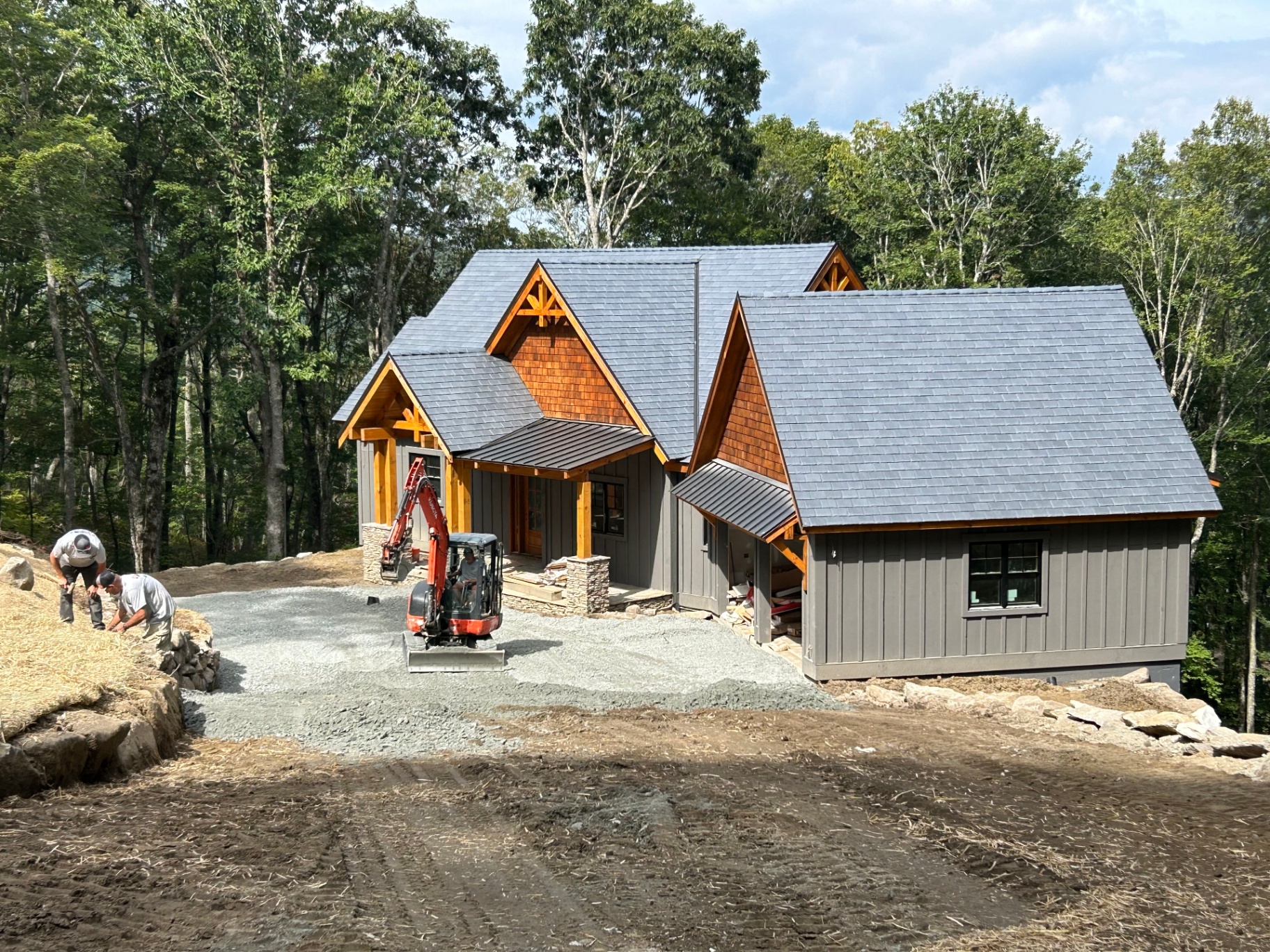 Mountain craftsman custom home with cedar shake gables and timber accents