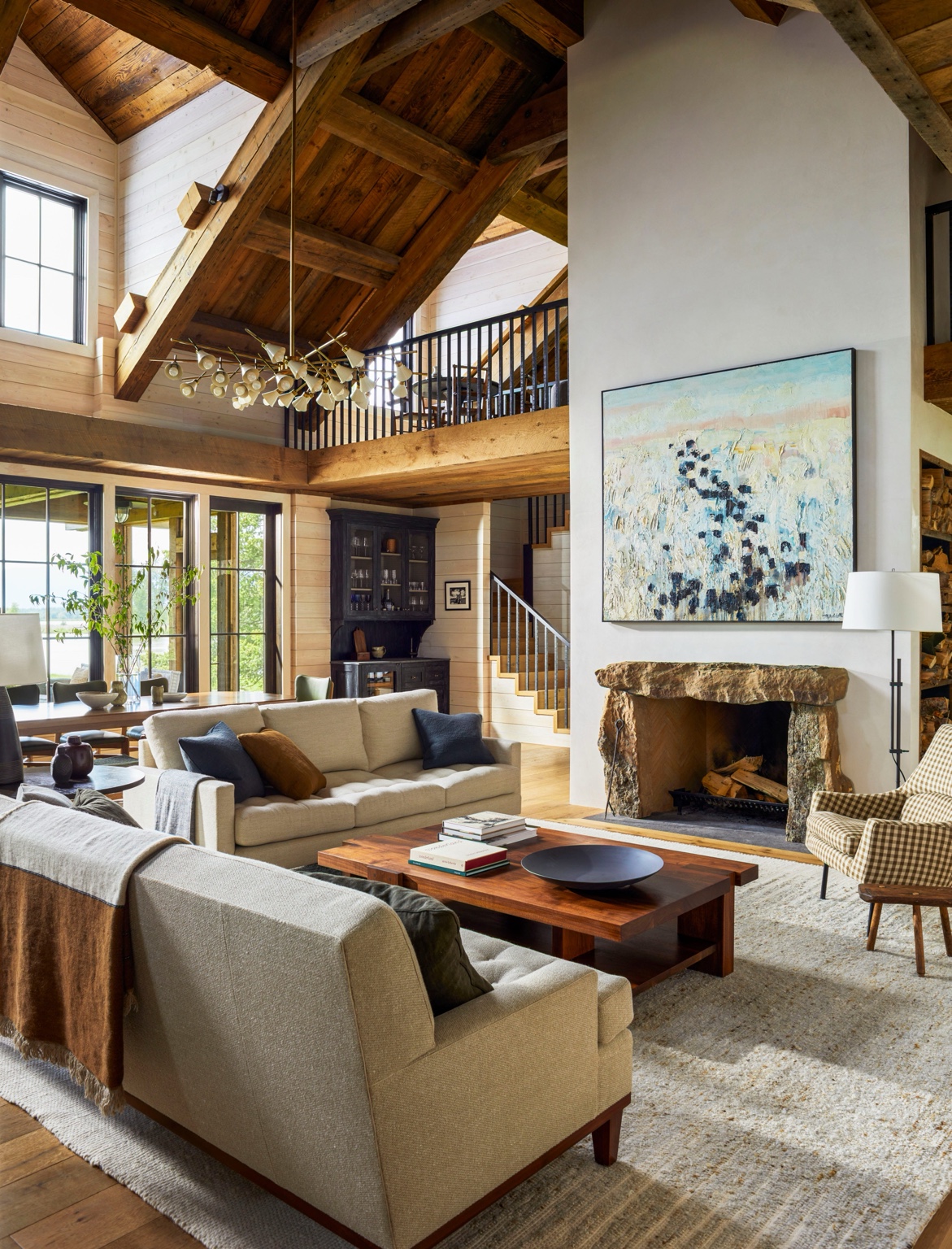 Great room with vaulted wood ceilings